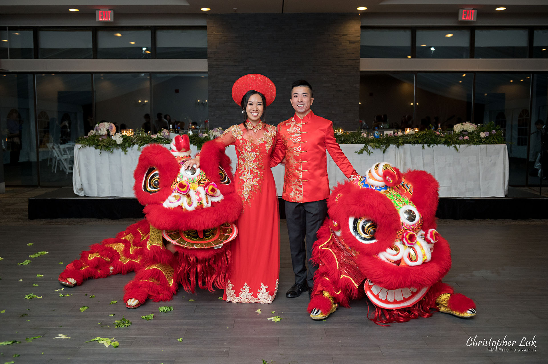 Toronto Wedding Photography The Manor Elizabeth Hall Dinner Reception Vietnamese Ao Dai Chinese Red Dragon Phoenix Lion Dance Outfit Clothing Sunny Tang Martial Arts Centre Pose