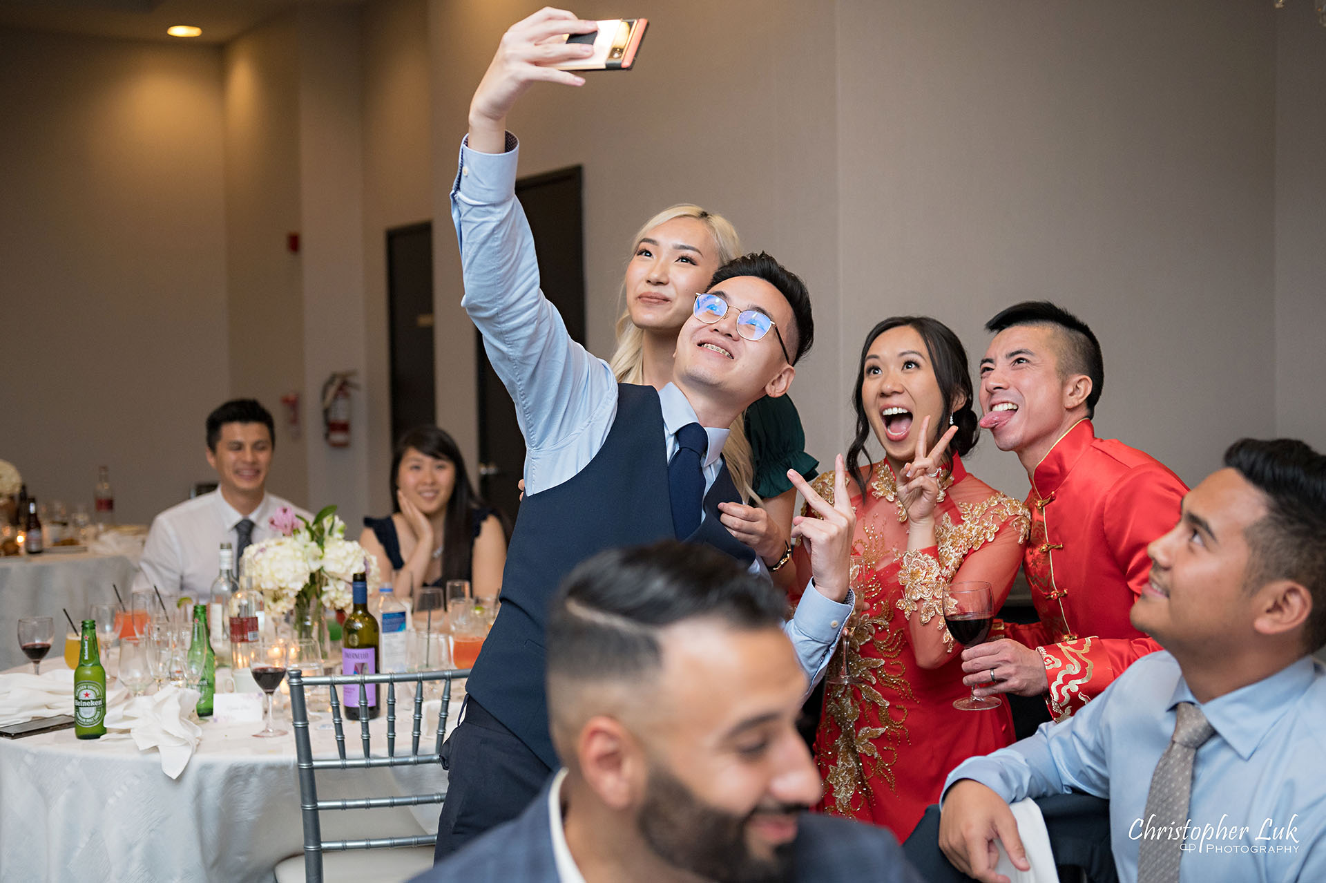 Toronto Wedding Photography The Manor Elizabeth Hall Dinner Reception Vietnamese Ao Dai Chinese Red Dragon Phoenix Lion Dance Outfit Clothing Fun Funny Selfie