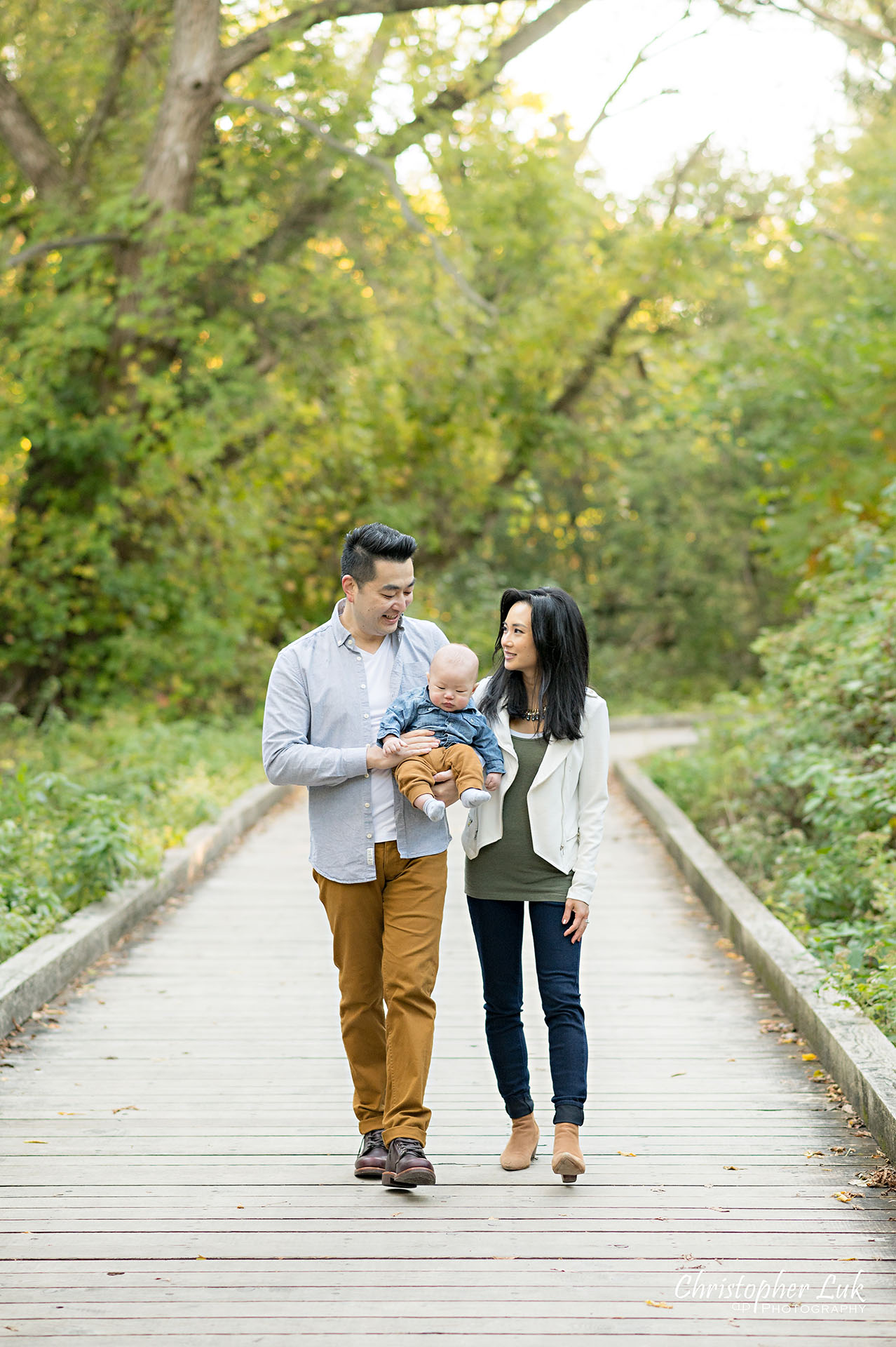 Mother Father Husband Wife Son Baby Boardwalk Autumn Fall Leaves Markham Unionville Toronto Family Photographer 