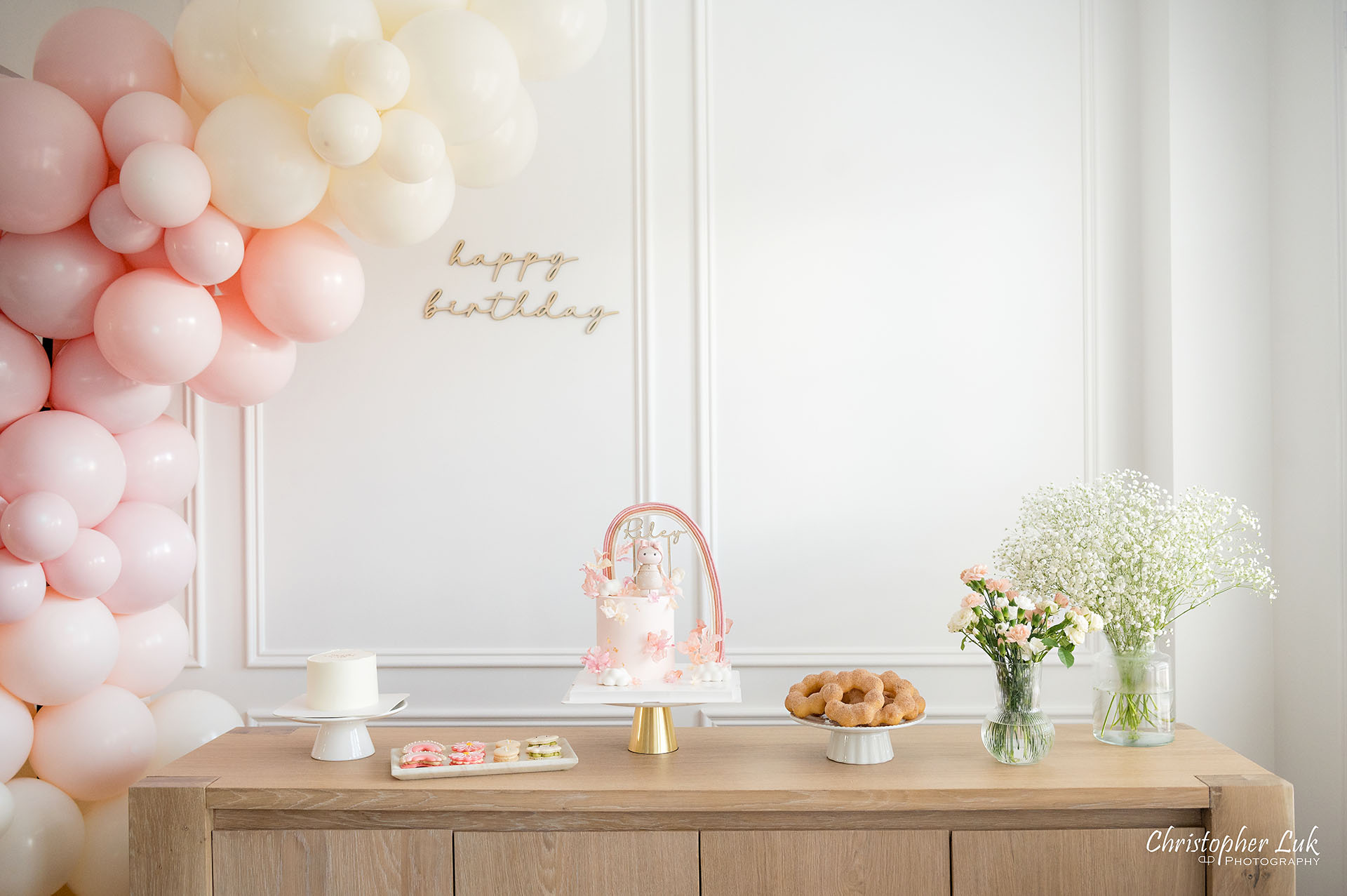 Toronto Family Baby's First Birthday Party Pink Balloon Arch Custom Cake Macarons Japanese Mochi Donuts Decor