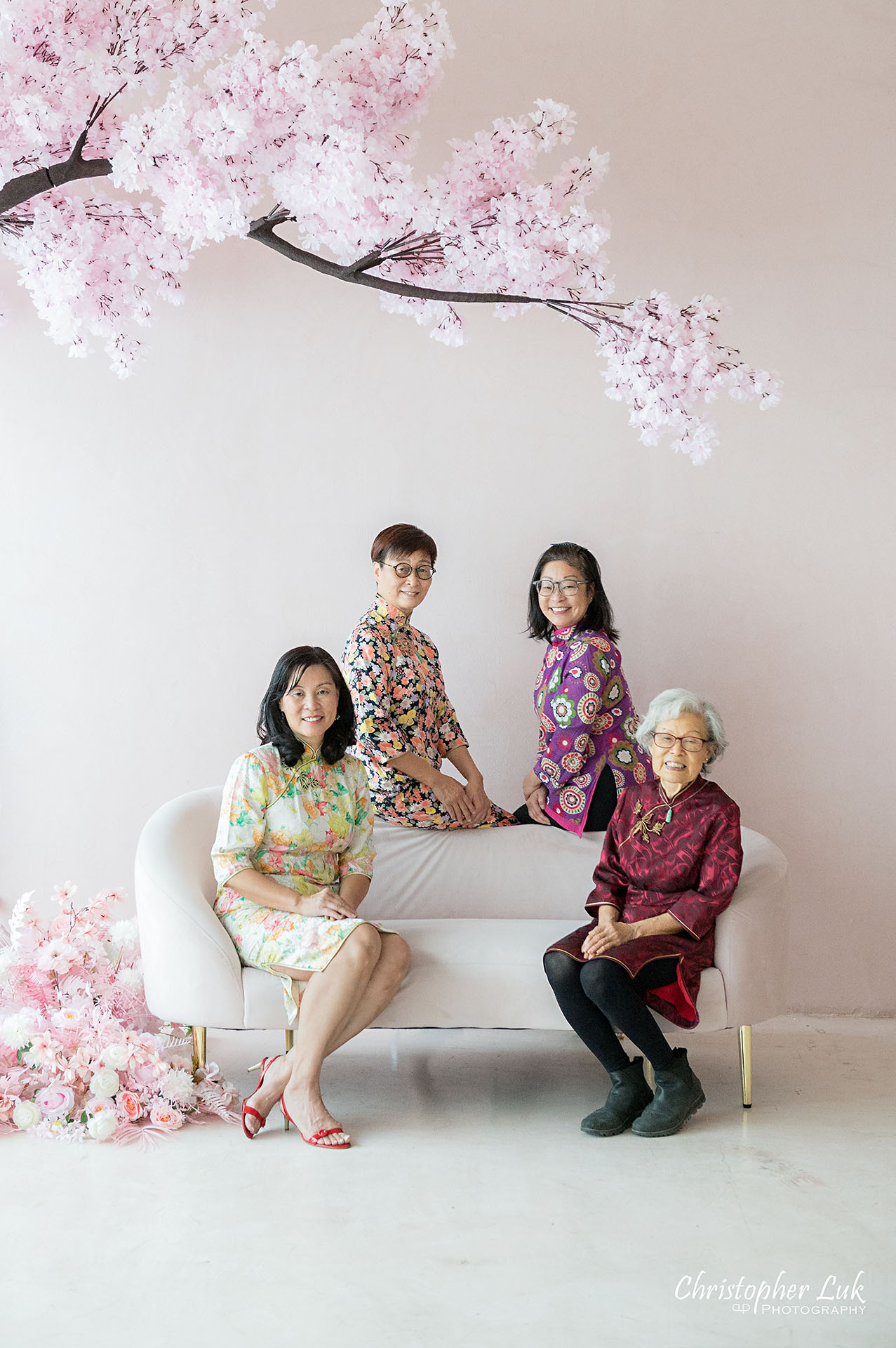 Grandmother Grandma Aunts Daughters Sisters Group Family Photo Cheongsam QiPao Traditional Chinese Dress Cherry Blossoms Pink