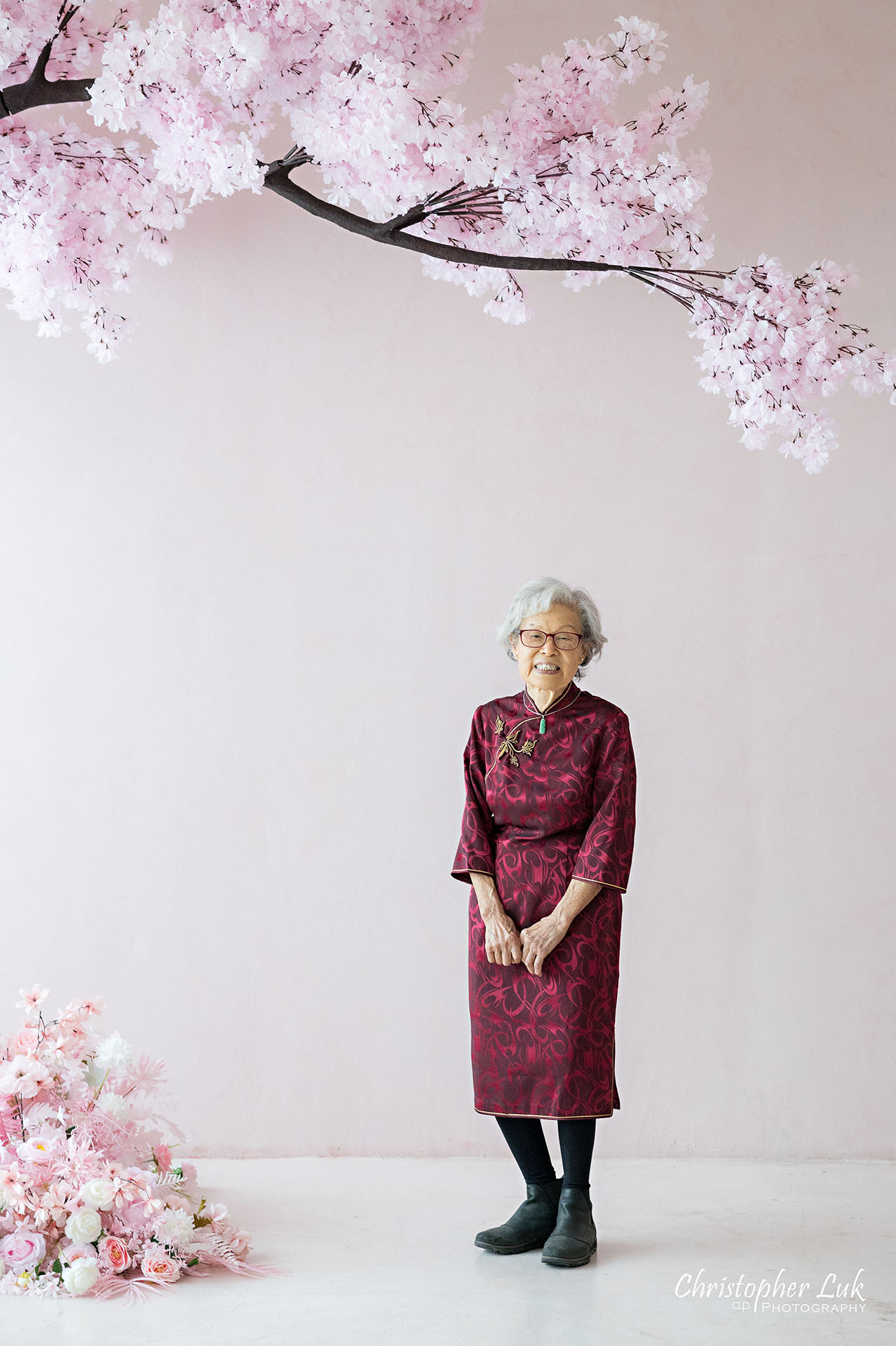 Portrait Great Grandmother Traditional Chinese Red Floral Dress Cheongsam QiPao Cherry Blossoms Decor