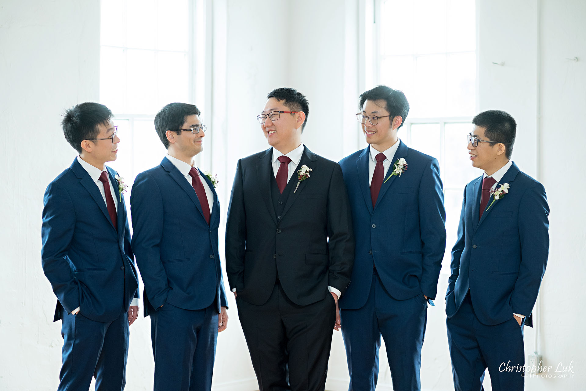 Groom Groomsmen Group Photo Vintage White Loft Studio Kitchener Waterloo Winter Landscape Natural Candid Photojournalistic Happy Smile