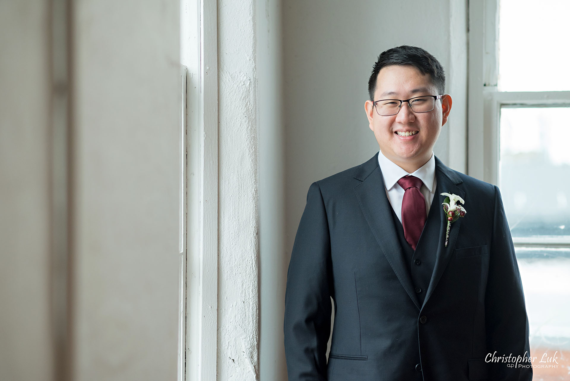 Groom Vintage White Loft Studio Kitchener Waterloo Winter Landscape Natural Candid Photojournalistic Happy Smile