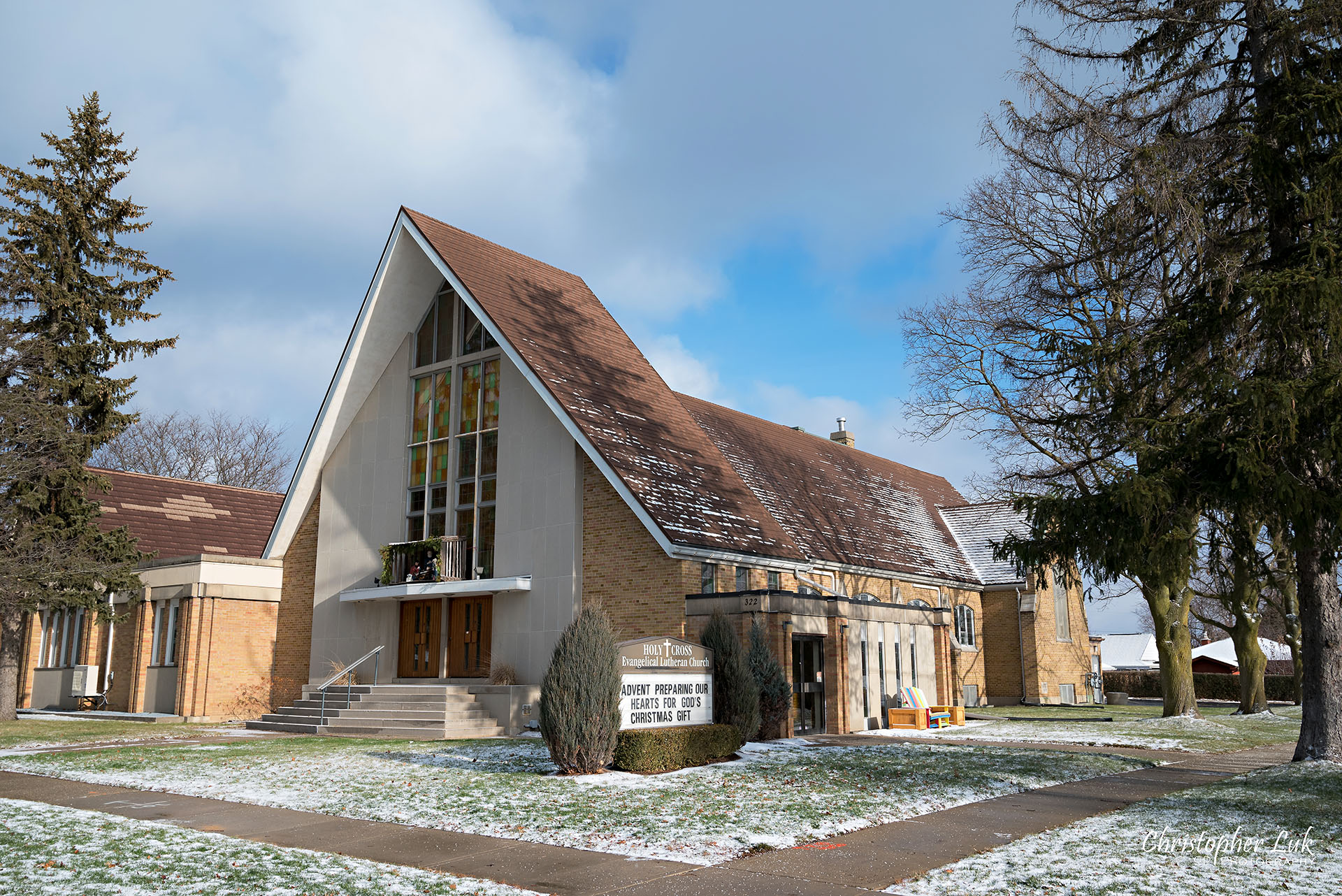 Kitchener Waterloo Church Exterior Winter Stained Glass Windows