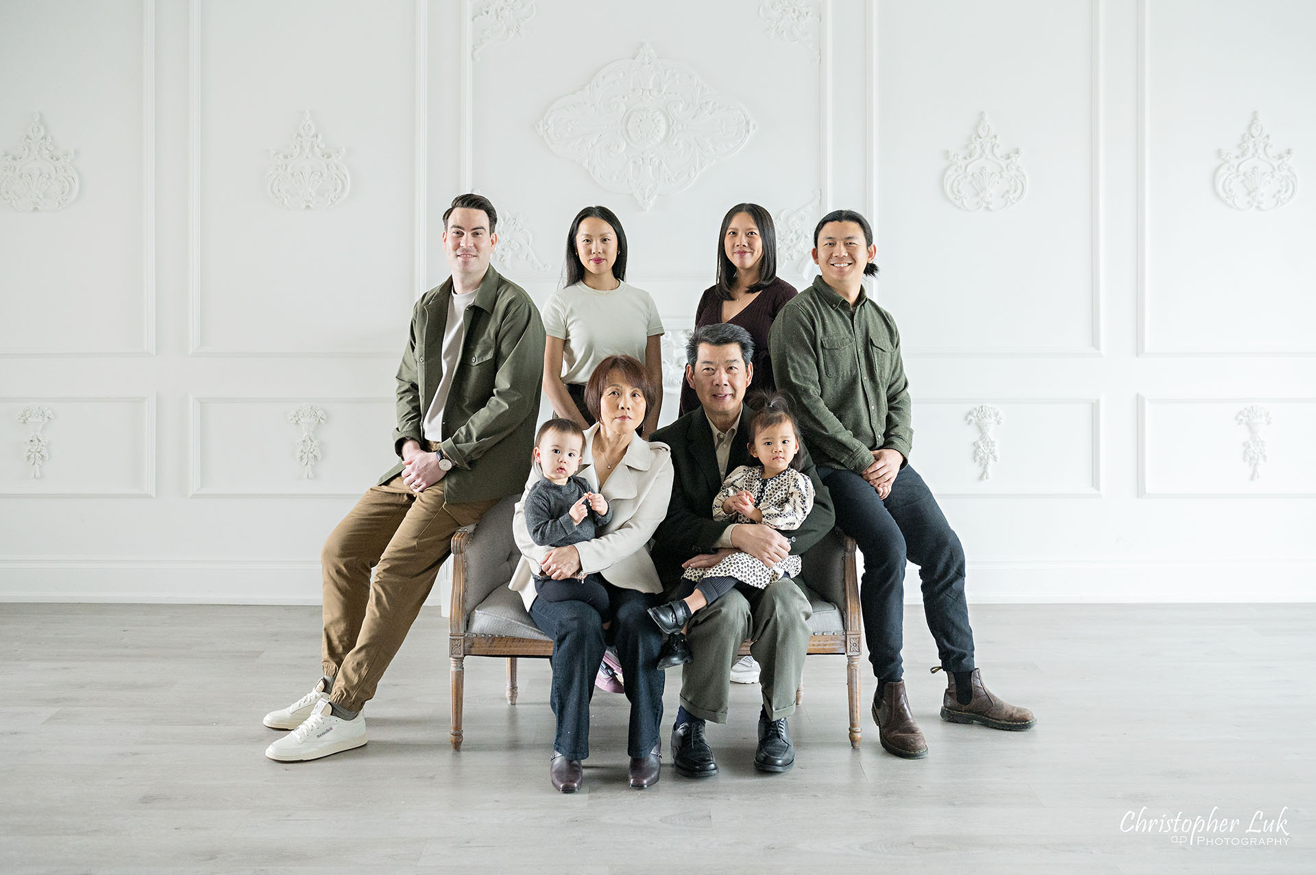 Grandparents Children Grandchildren Extended Family Photo Everyone Altogether Photography Studio Smile Seated Casual
