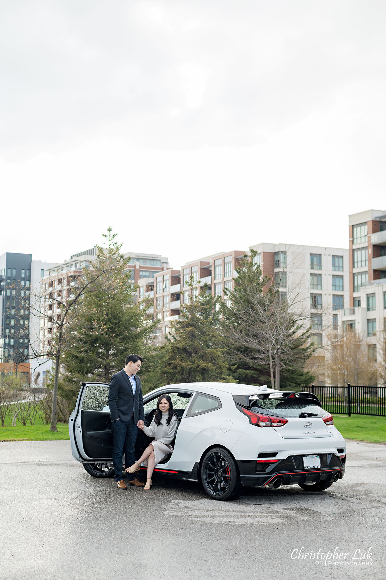 Bride Groom Posed Stylish Seated Standing Sports Car Engagement Photos Portrait