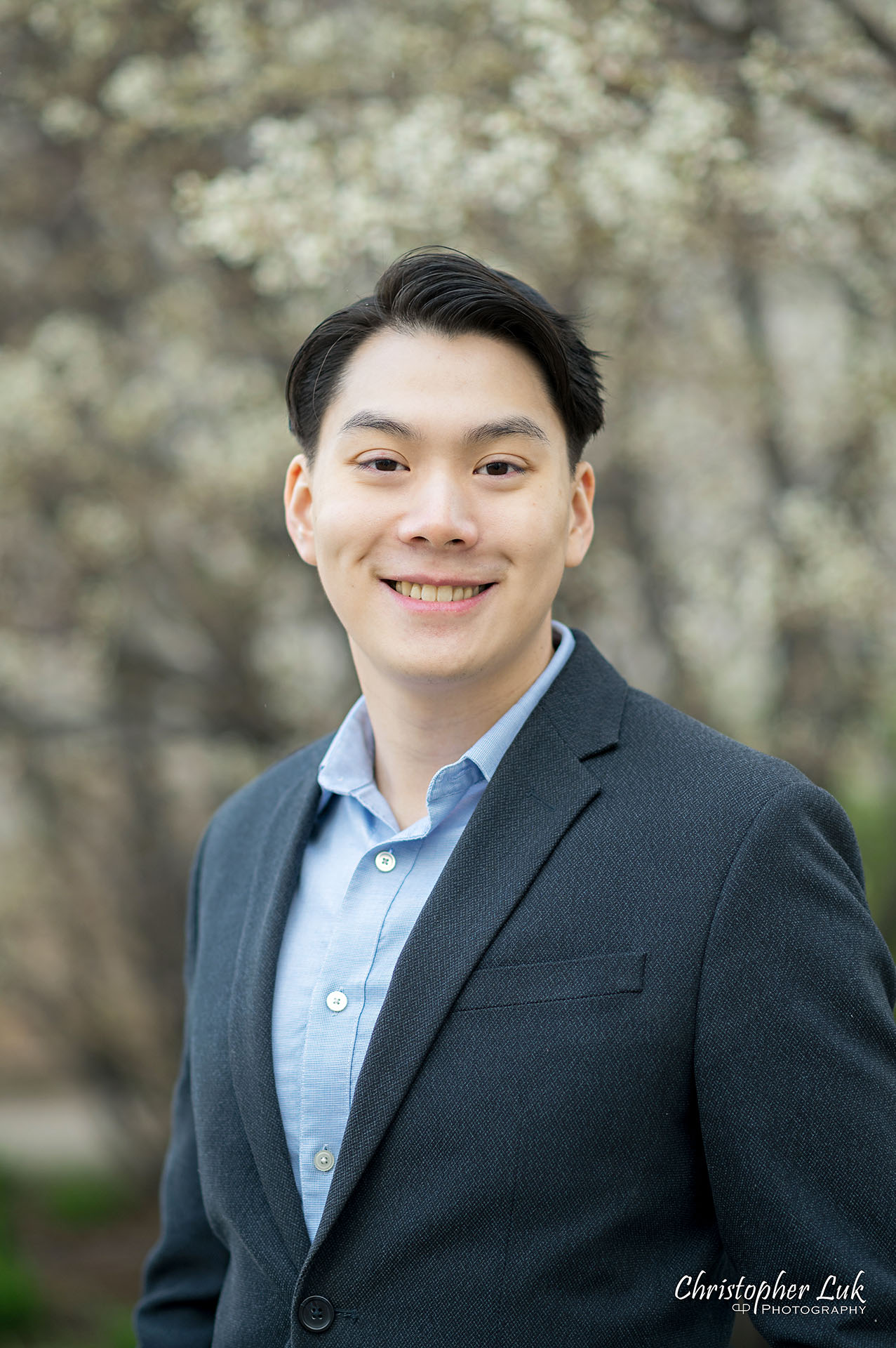 Groom Headshot Portrait Smile Spring Blossoms 