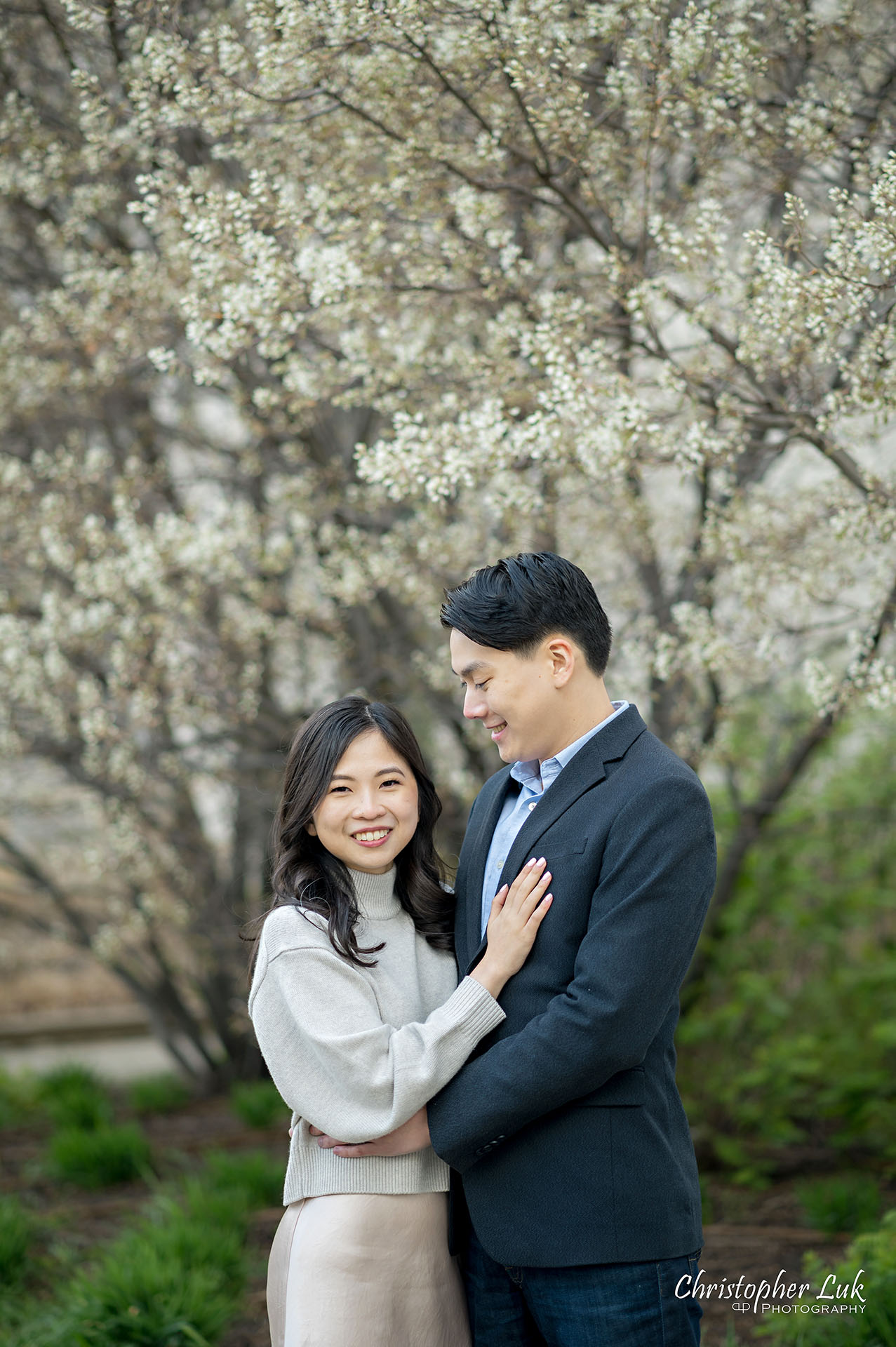 Bride Groom Portrait Spring Blossoms Engagement Pictures Smile Candid Natural Organic Photojournalistic