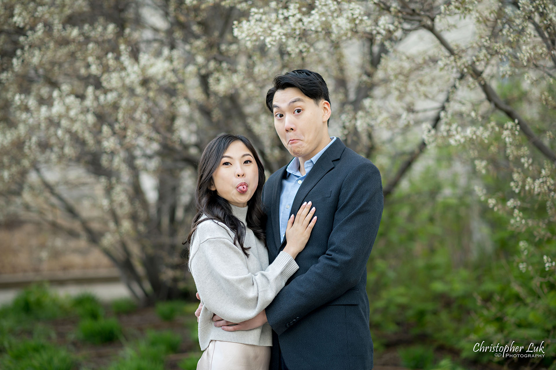 Bride Groom Spring Blossoms Engagement Pictures Smile Candid Natural Organic Photojournalistic Funny Faces Silly 