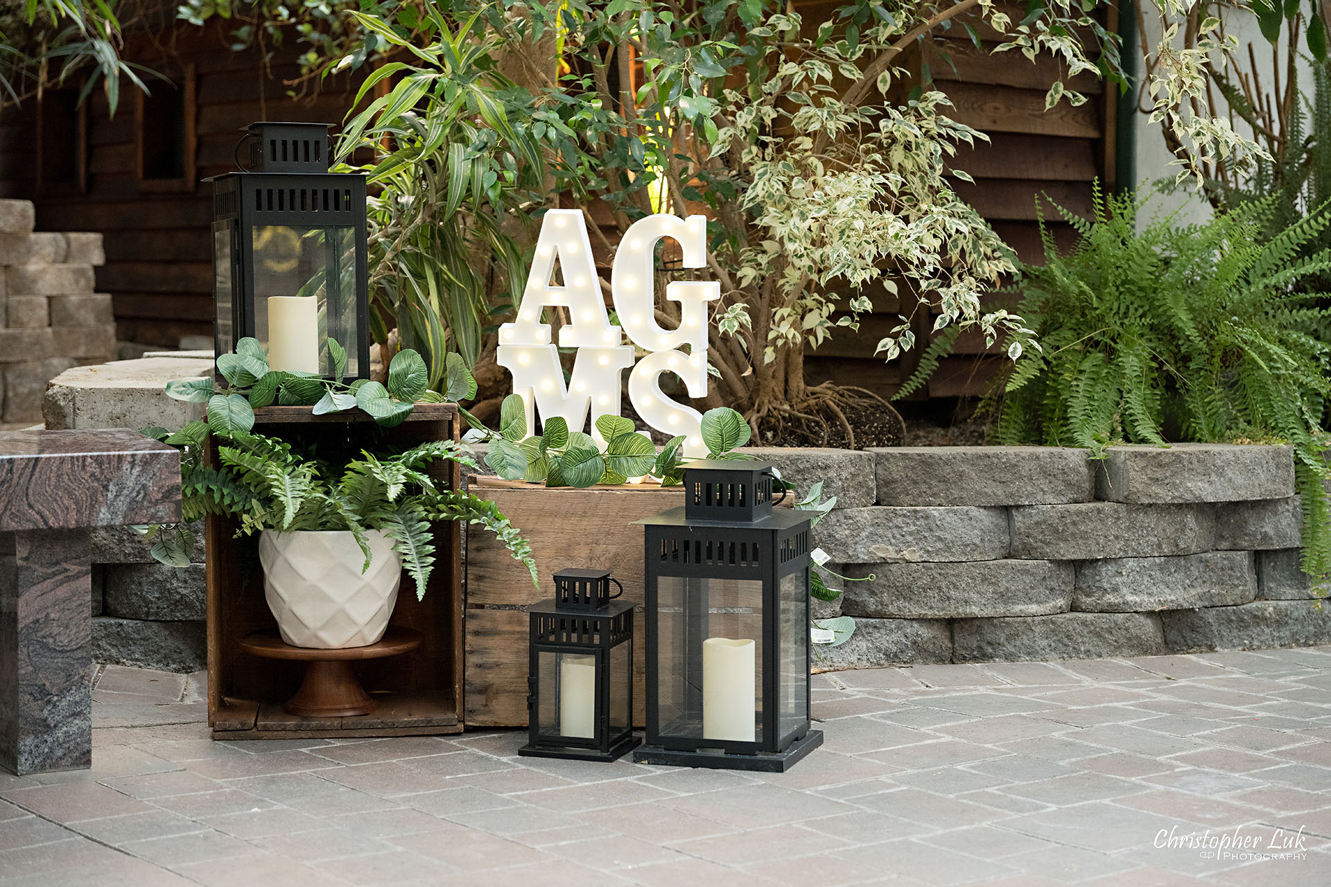 Madison Greenhouse Newmarket Event Toronto Wedding Photographer Decor Marquee Letters Candles Lanterns