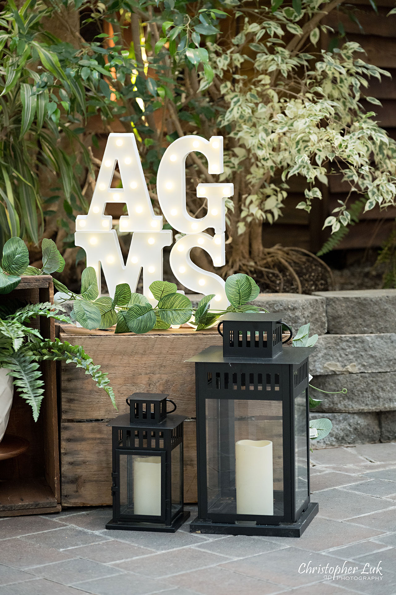 Madison Greenhouse Newmarket Event Toronto Wedding Photographer Decor Marquee Letters Candles Lanterns Portrait