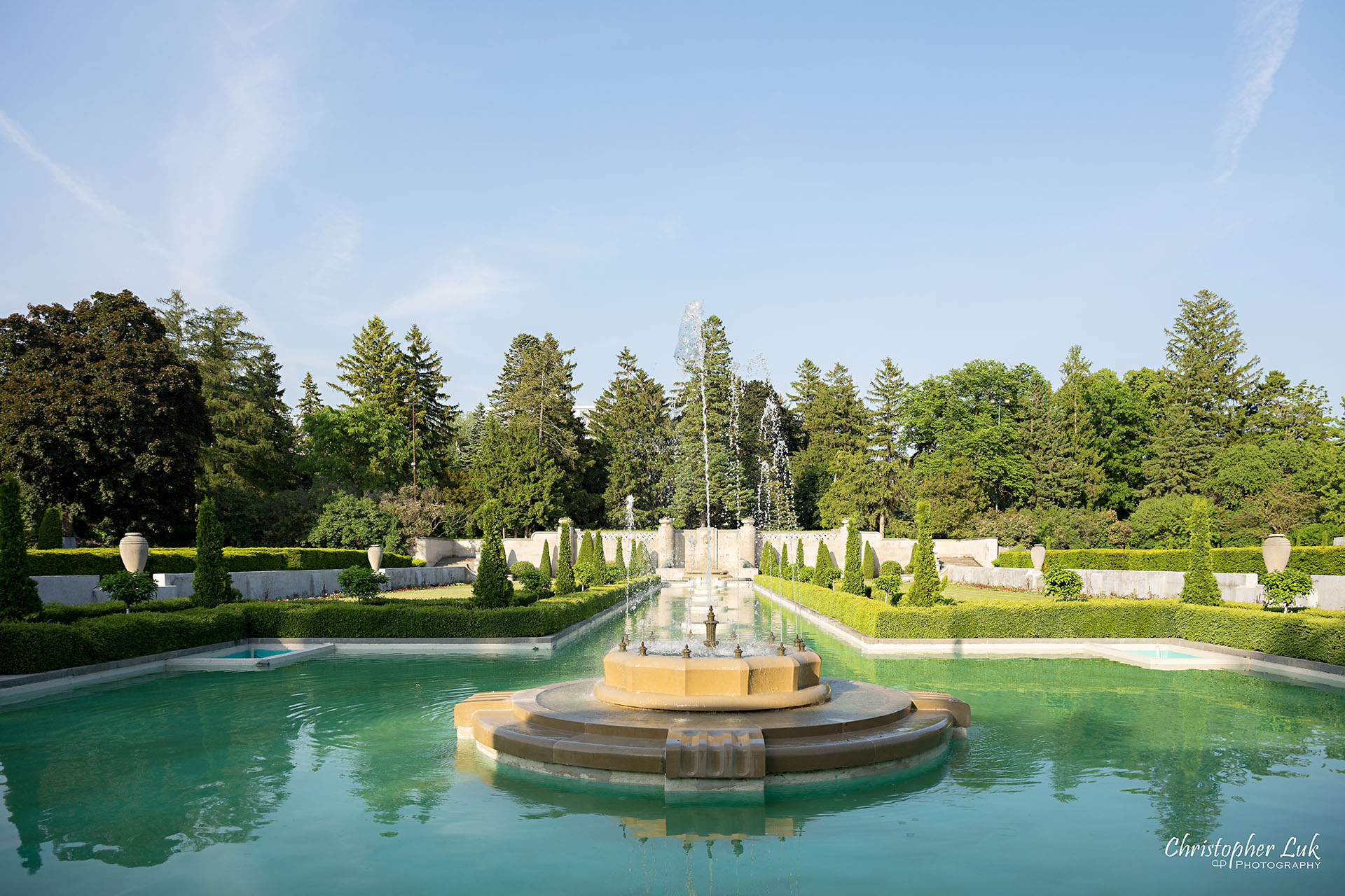 Parkwood Estate Historic Manor Wedding Event Venue Main Formal Gardens Fountain Clear Blue Water Teahouse Landscape