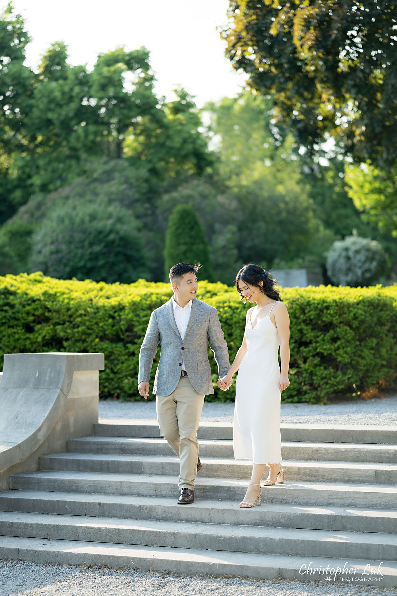 Parkwood Estate Bride Groom Engagement Session Formal Gardens Holding Hands Walking Together Stairs Portrait Detail