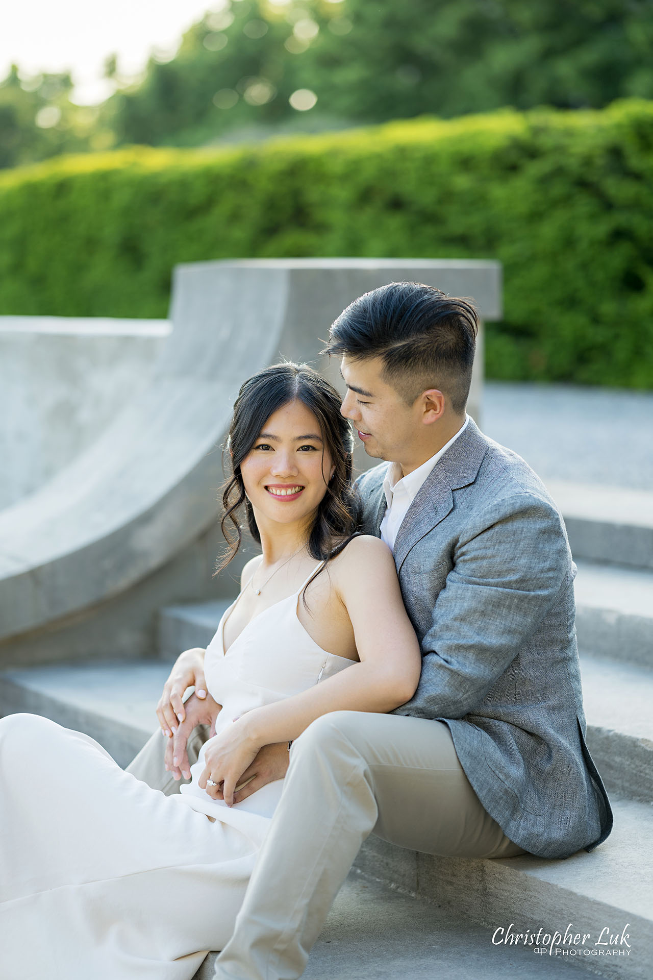 Parkwood Estate Bride Groom Engagement Session Formal Gardens Sitting Stairs Portrait 