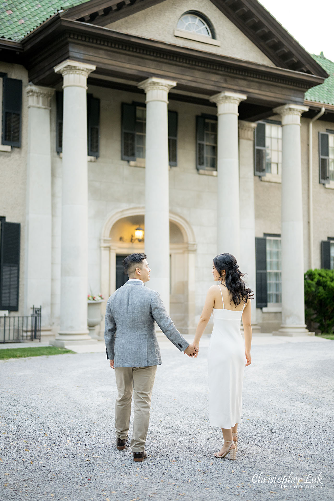 Parkwood Estate Bride Groom Engagement Session Main Mansion Entrance Facade Bride Groom Holding Hands Photojournalistic Candid Natural Organic Intimate Walking Together Portrait