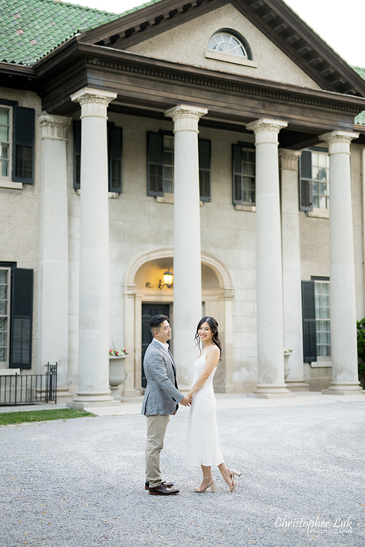 Parkwood Estate Bride Groom Engagement Session Main Mansion Entrance Facade Bride Groom Holding Hands Photojournalistic Candid Natural Organic Intimate Walking Together Portrait Smile