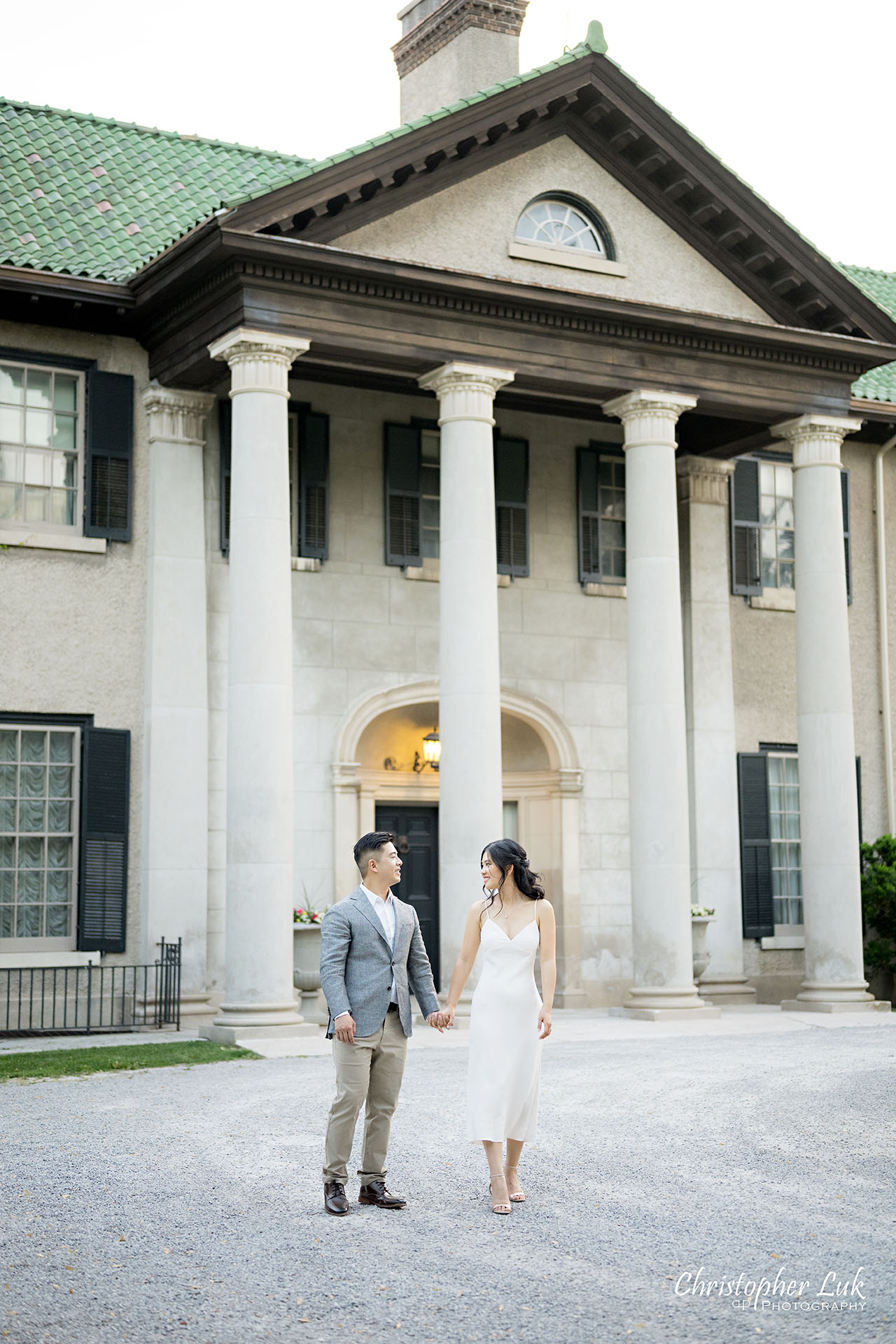 Parkwood Estate Bride Groom Engagement Session Main Mansion Entrance Facade Bride Groom Holding Hands Photojournalistic Candid Natural Organic Intimate Walking Together Portrait Smile 