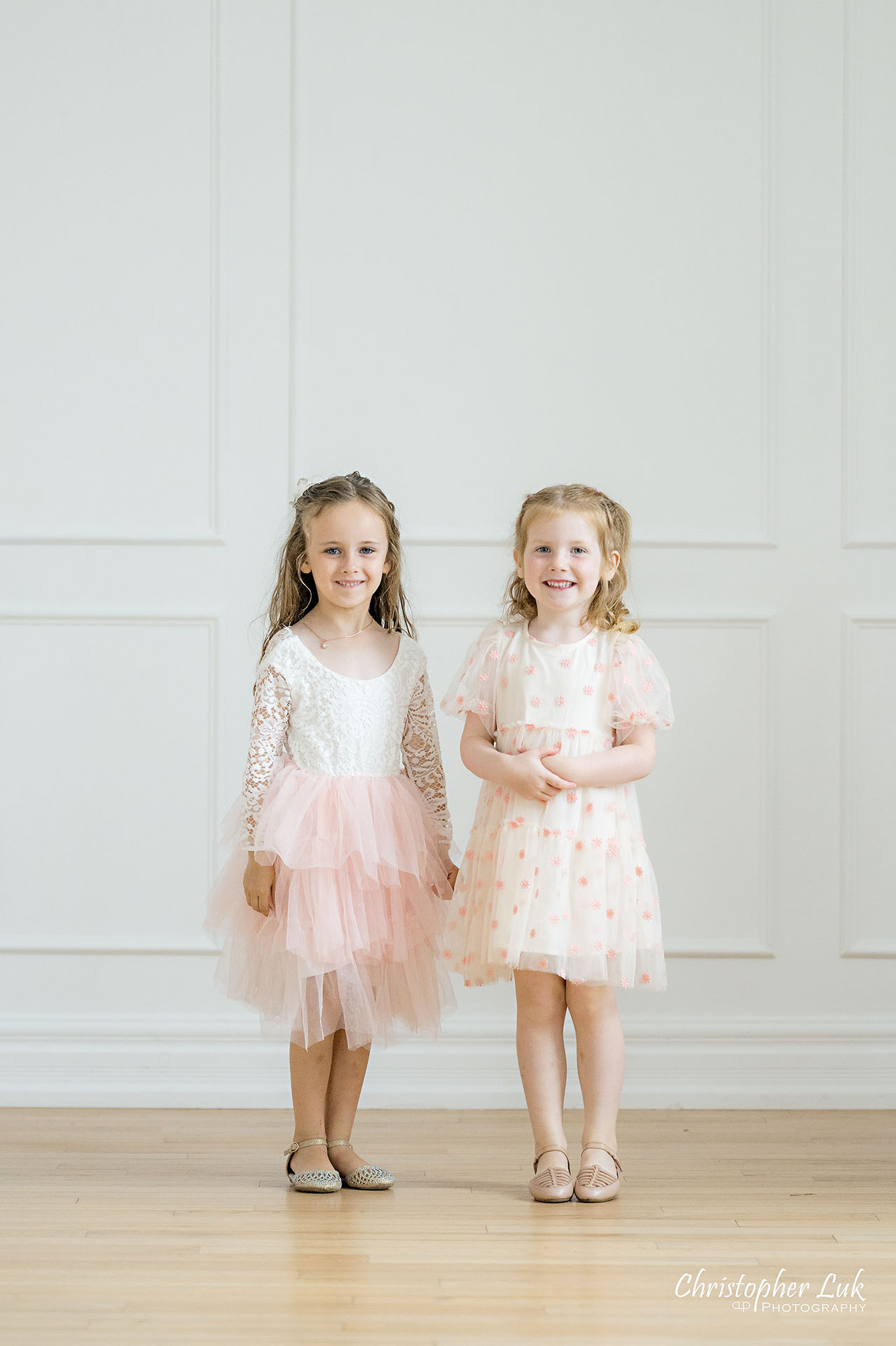 Cousins Sisters Daughters Girls White Pink Dresses Smile Portrait