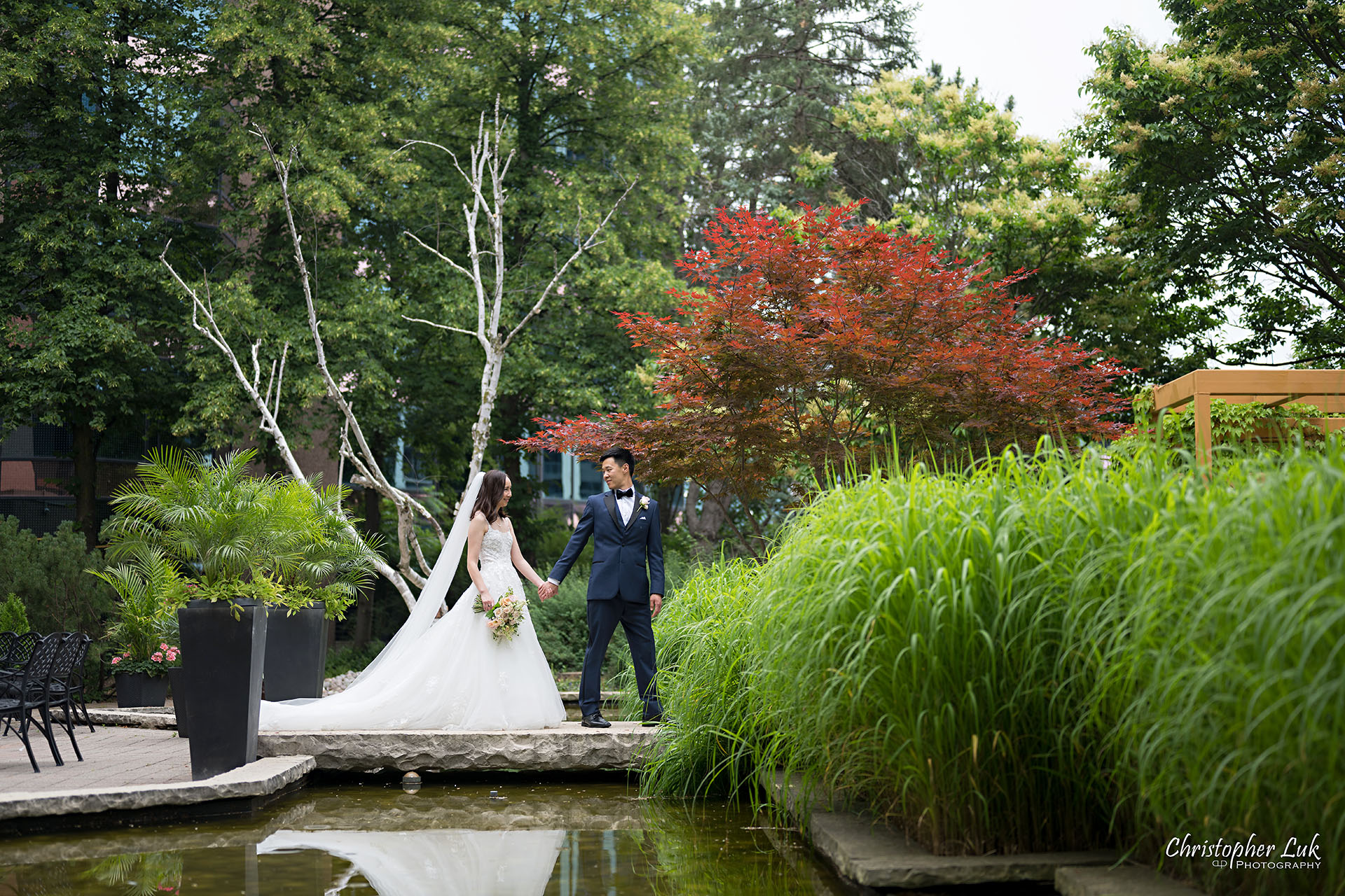 Bride Groom Zen Garden Natural Organic Photojournalistic Candid Stone Bridge Reflecting Pool Pond