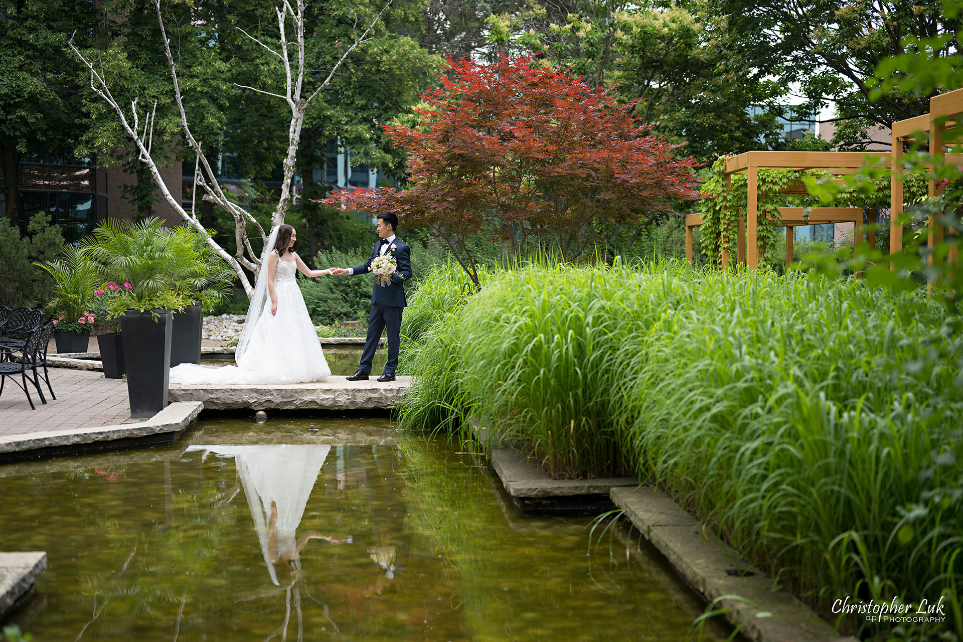 Bride Groom Zen Garden Natural Organic Photojournalistic Candid Stone Bridge Reflecting Pool Pond