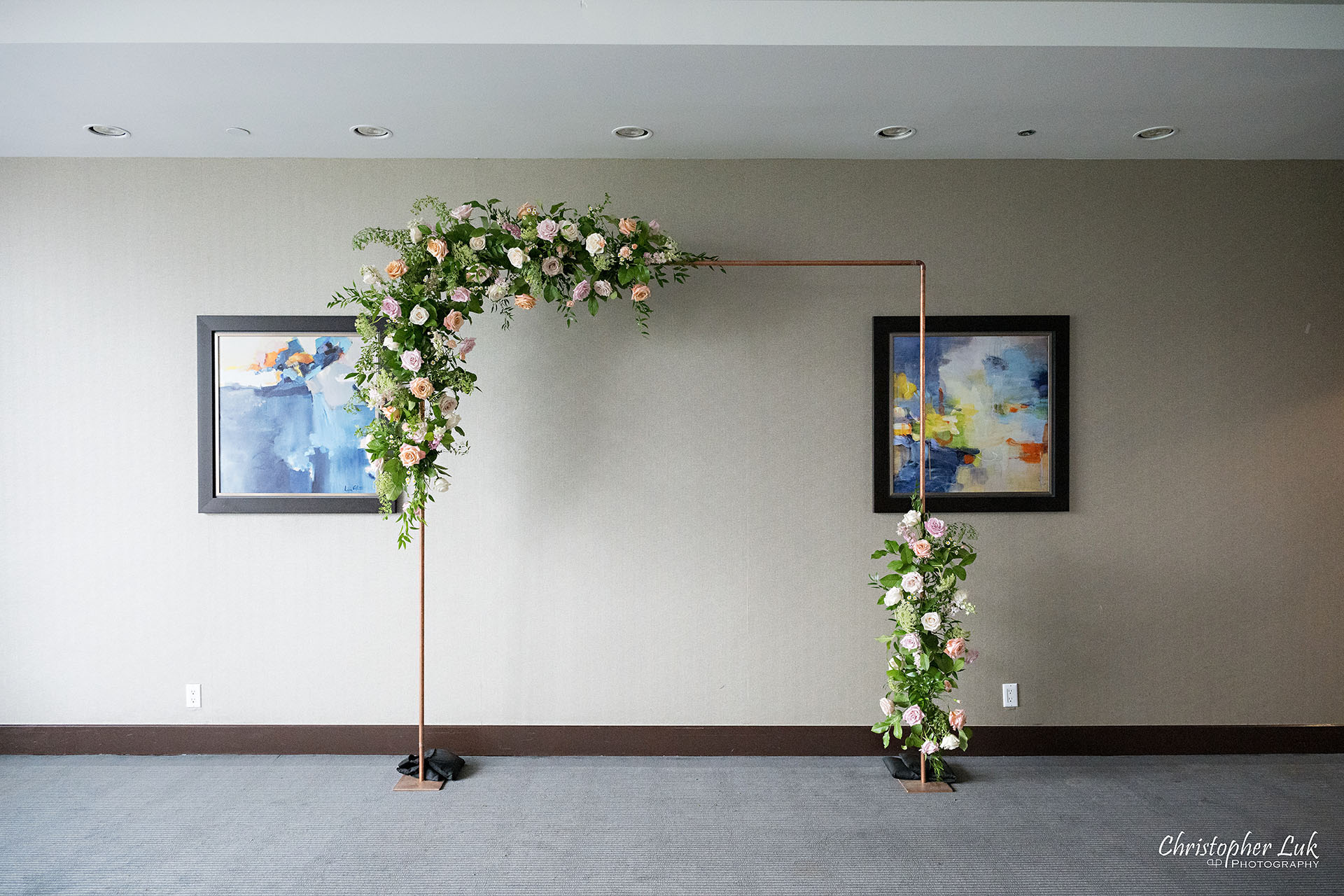 Hilton Suites Markham Hotel Chinese Wedding Butternut Holly Room Ceremony Setup Copper Floral Arch Flowers 