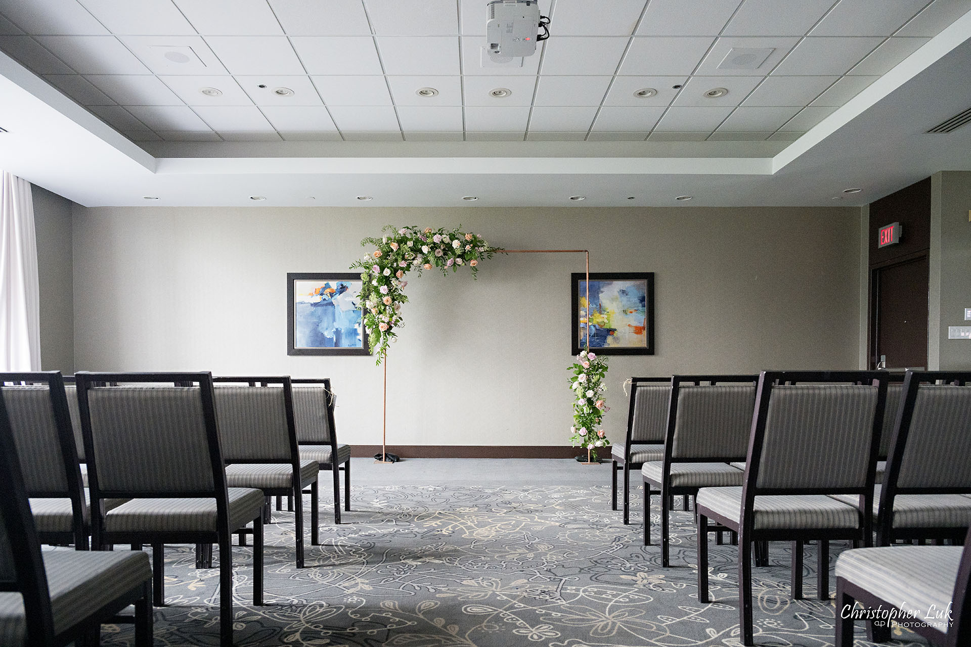 Hilton Suites Markham Hotel Chinese Wedding Butternut Holly Room Ceremony Setup Copper Floral Arch Flowers 