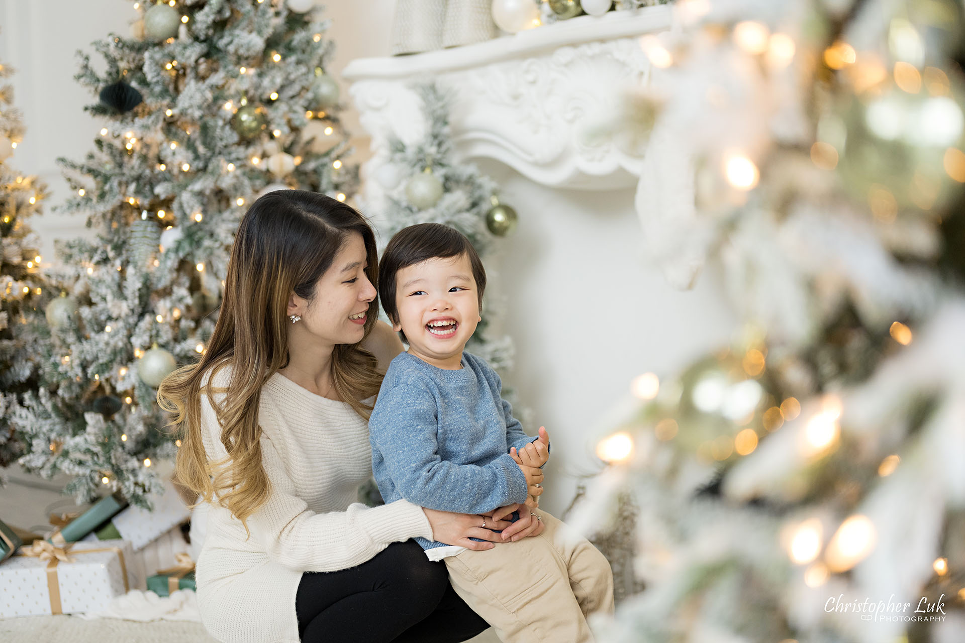 Christmas Family Photos Toronto Markham Holiday Festive Studio Pictures Photographer Natural Candid Photojournalistic Organic Mother Son Smile Playful 