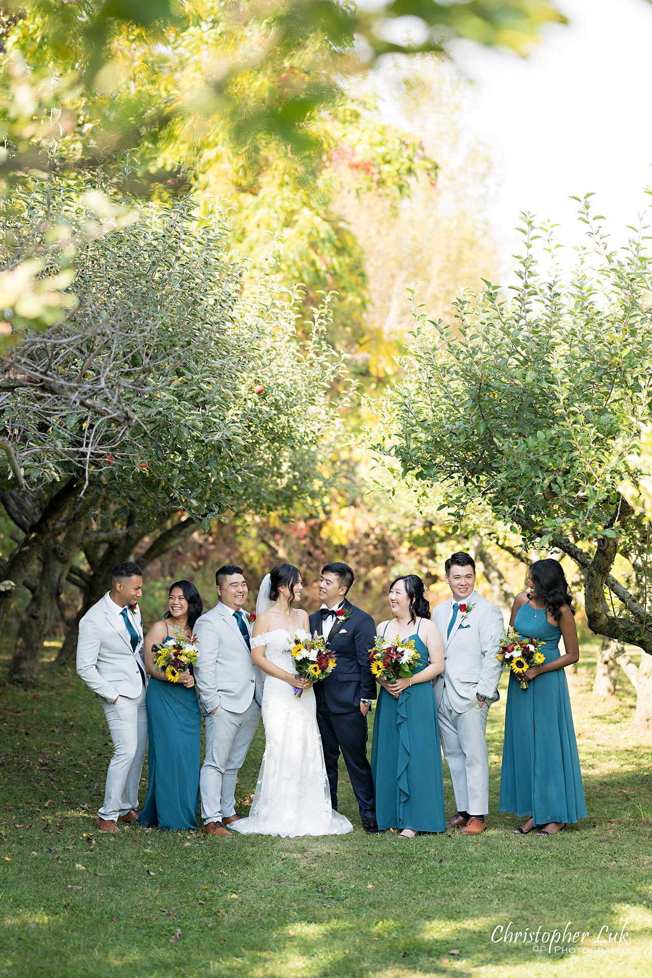 Markham Museum Apple Orchard Applefest Bride Groom Bridesmaids Groomsmen Bridal Wedding Party Natural Candid Photojournalistic Organic Portrait Smile