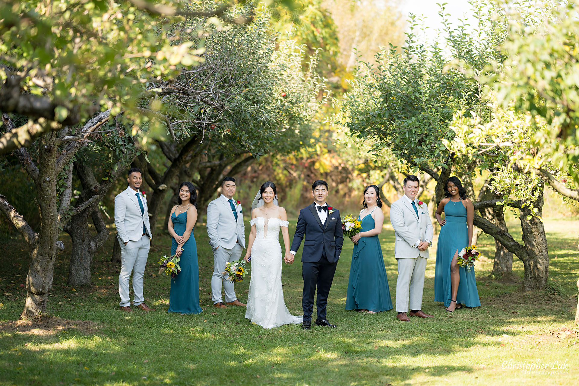 Markham Museum Apple Orchard Applefest Bride Groom Bridesmaids Groomsmen Bridal Wedding Party Natural Candid Photojournalistic Organic Landscape Smile