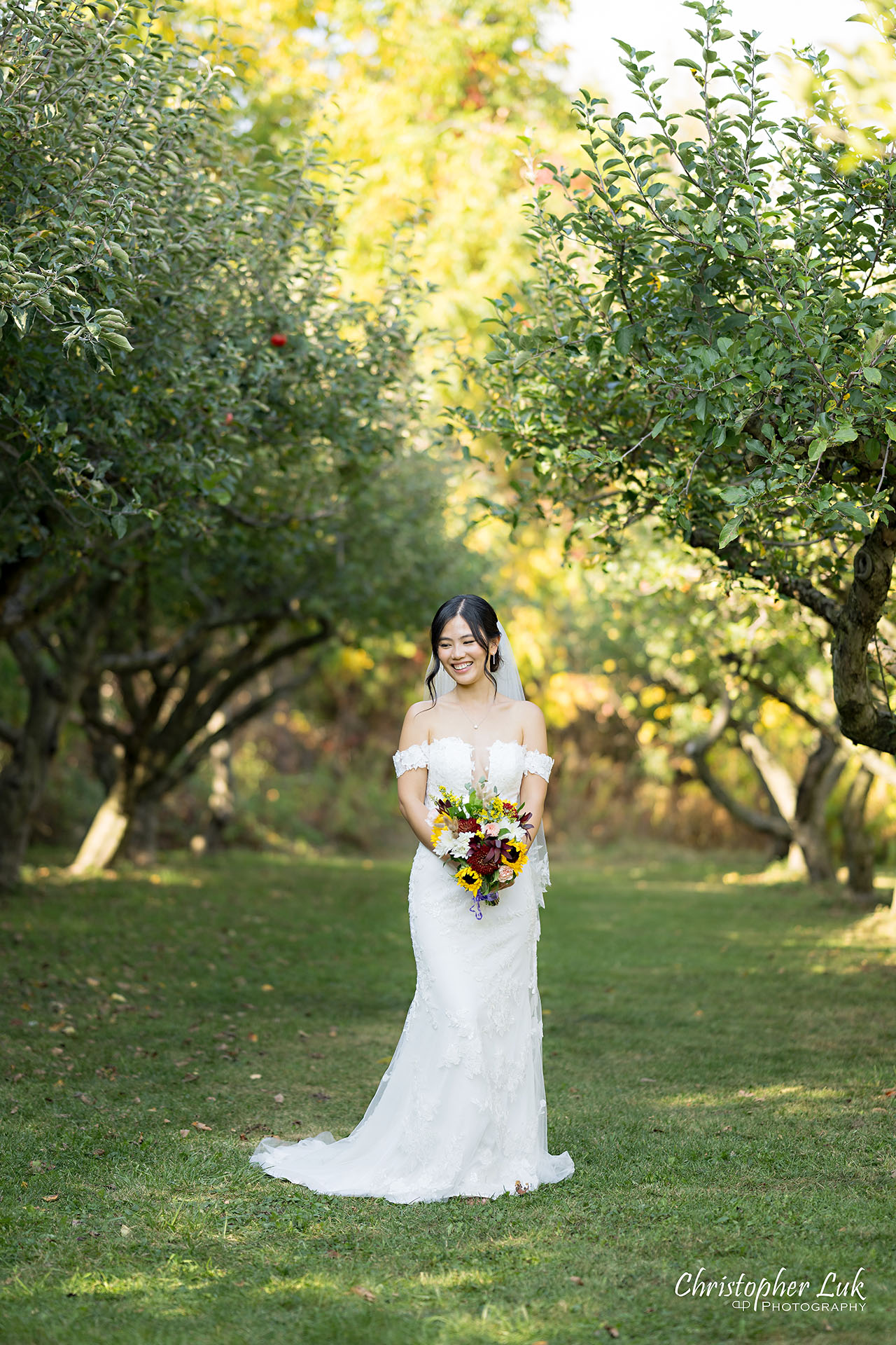 Markham Museum Apple Orchard Applefest Bride Bridal Gown Dress Wedding Natural Candid Photojournalistic Organic Floral Bouquet Flowers Portrait