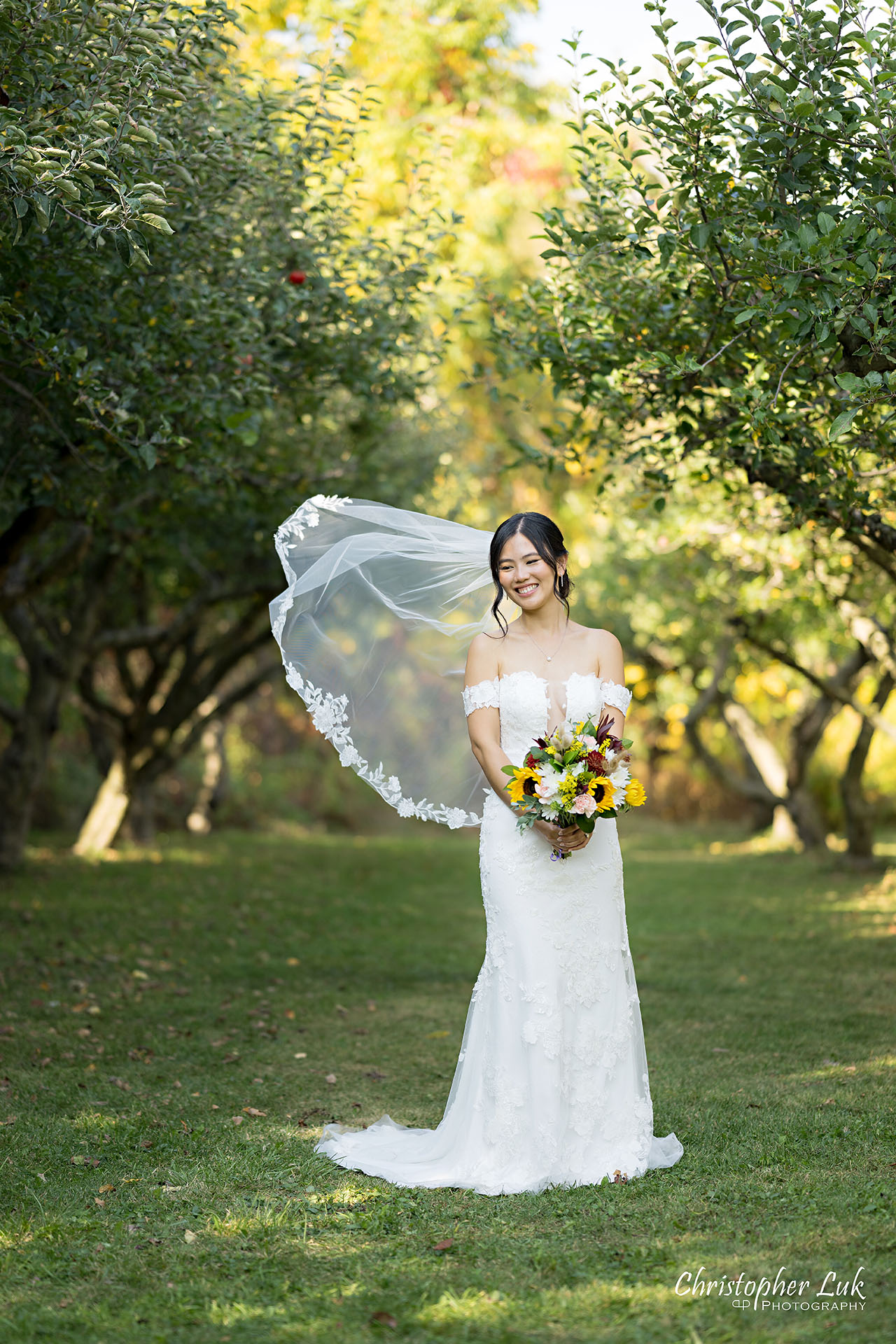 Markham Museum Apple Orchard Applefest Bride Bridal Gown Dress Wedding Natural Candid Photojournalistic Organic Floral Bouquet Flowers Flying Wind Veil Portrait