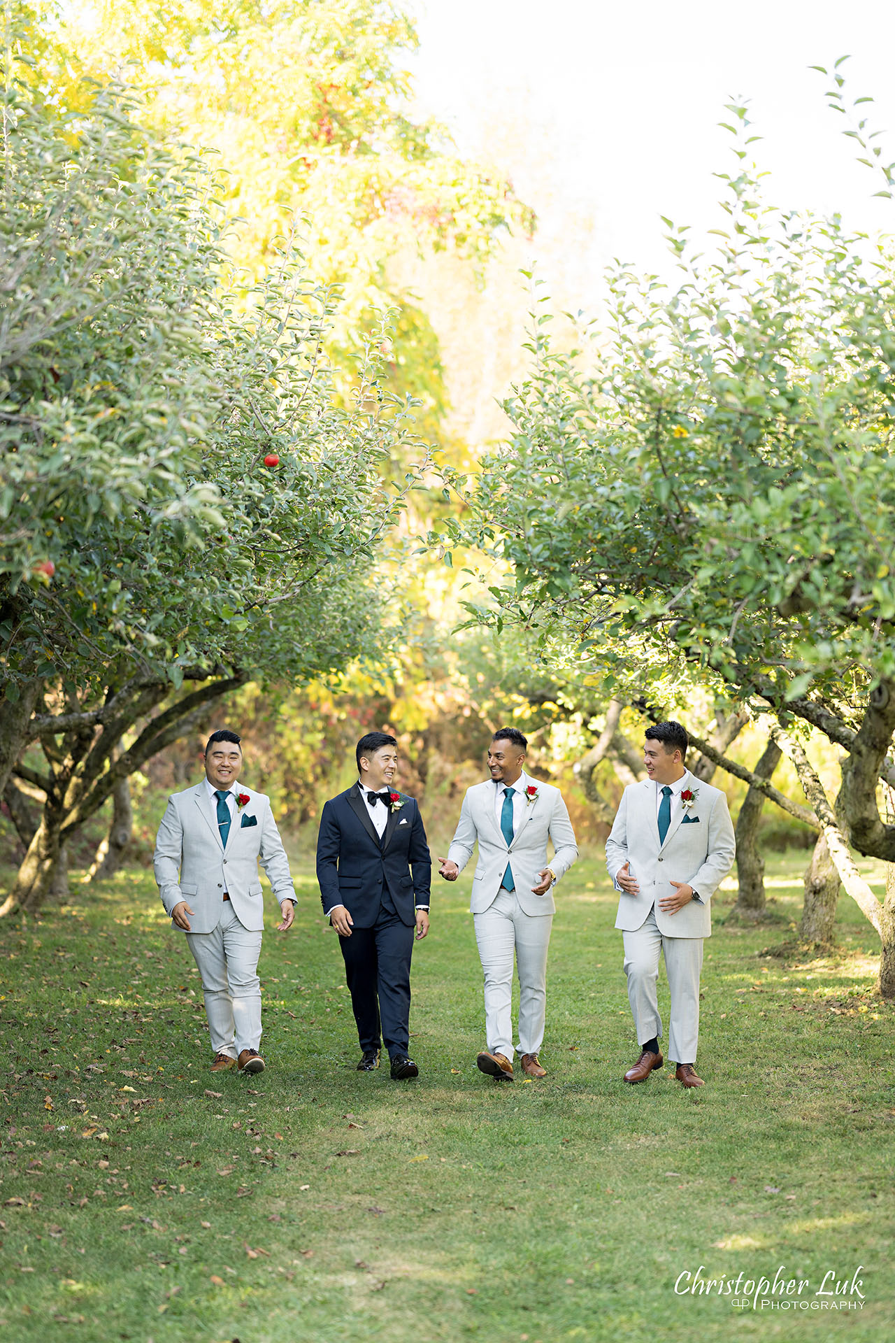 Markham Museum Apple Orchard Applefest Groom Groomsmen Wedding Natural Candid Photojournalistic Organic Portrait Walking Together