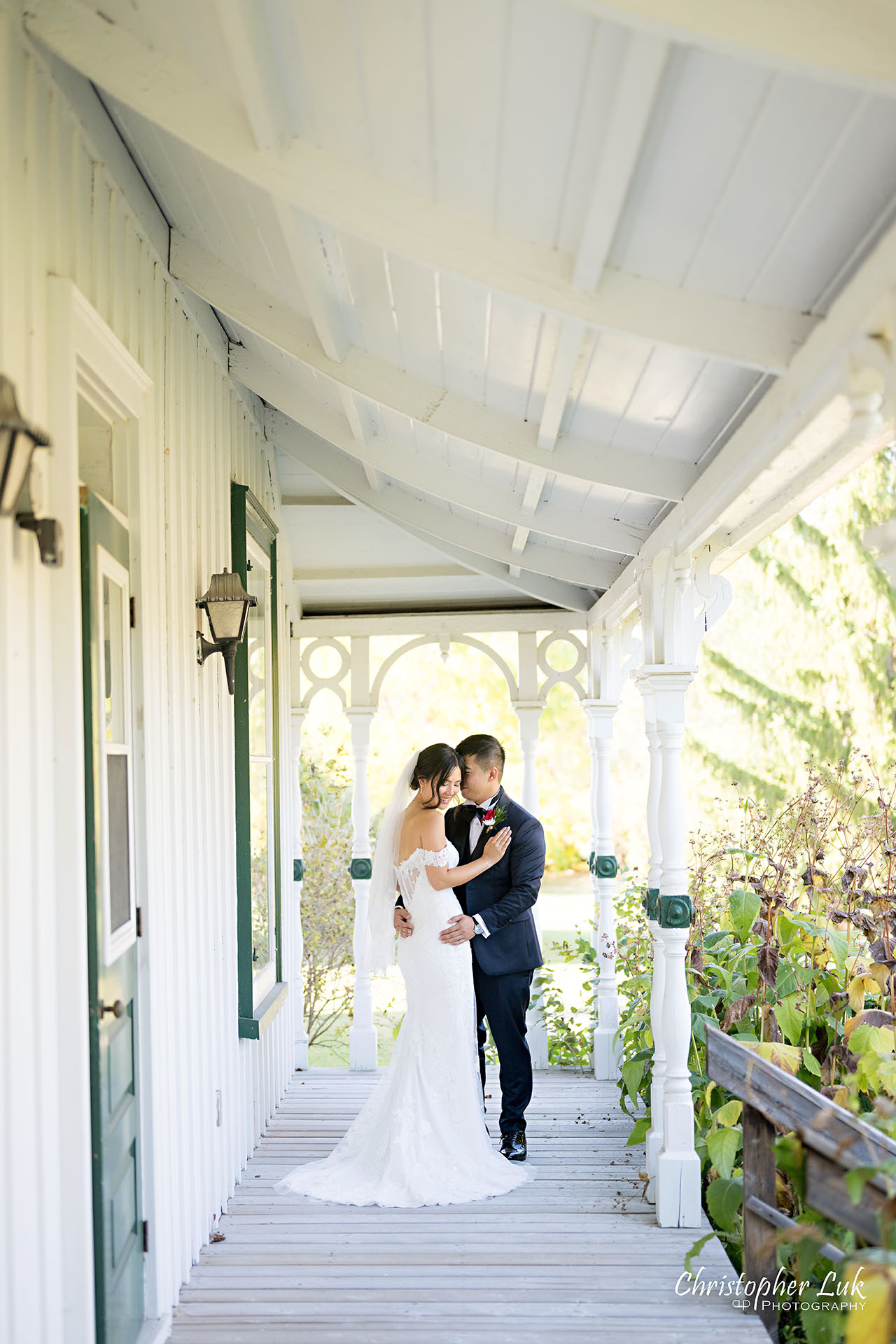 Markham Museum Burkholder House Verandah Bride Groom Natural Candid Photojournalistic Organic Moment Intimate Hug Smile Portrait Wide