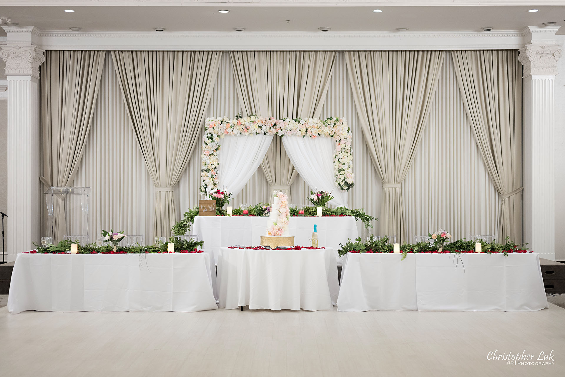 Crystal Fountain Event Venue Markham Interior Wedding Dinner Reception Head Table Decor Floral Arch Flowers Cake Design 