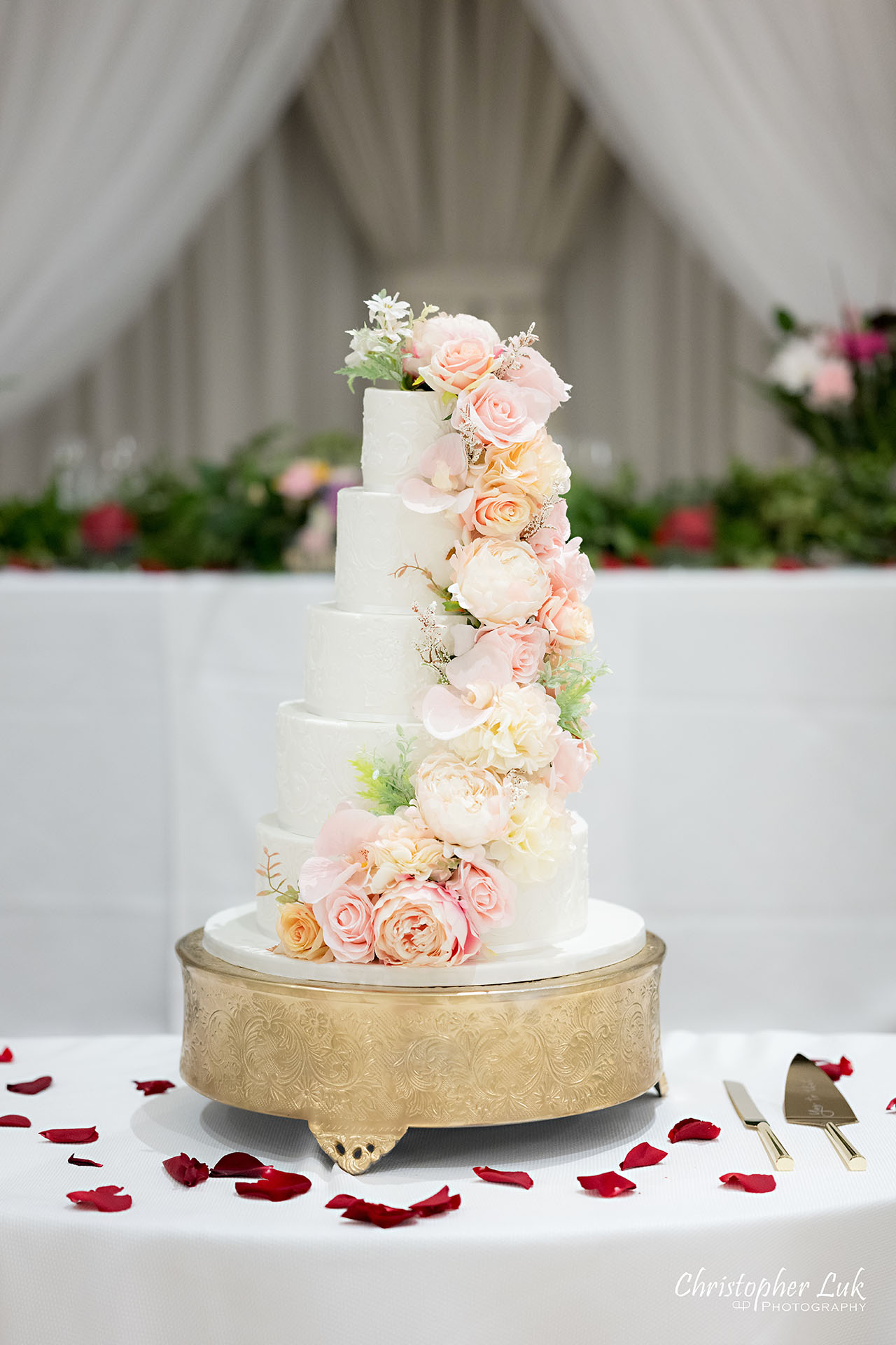 Crystal Fountain Event Venue Markham Interior Wedding Dinner Reception Multi tier Floral Cake
