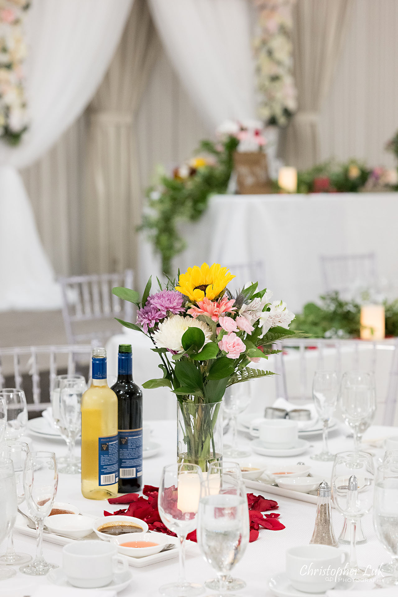 Crystal Fountain Event Venue Markham Interior Wedding Dinner Reception Table Centrepiece Floral Decor