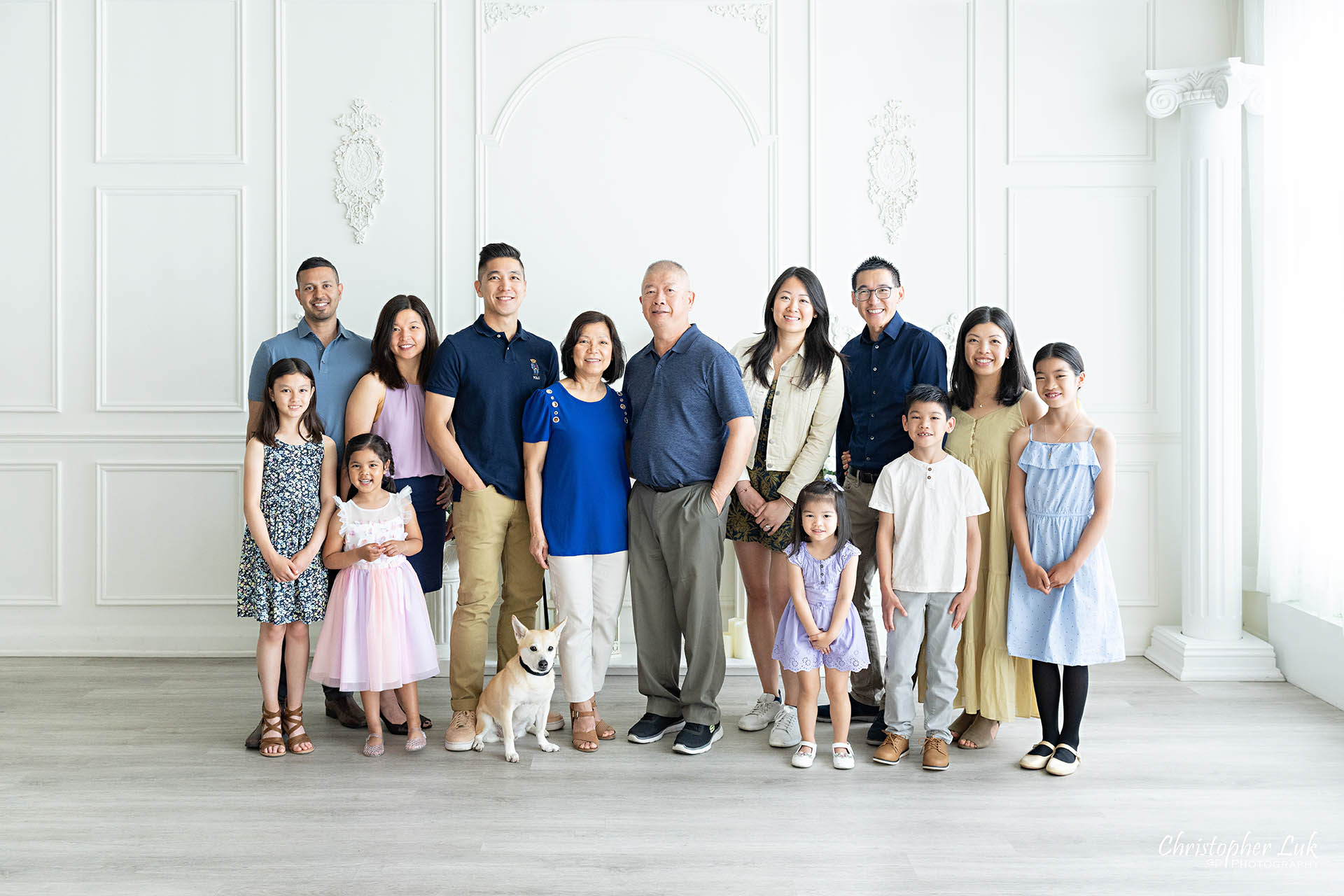 Extended family photo grandparents parents grandchildren Toronto natural light photography studio 