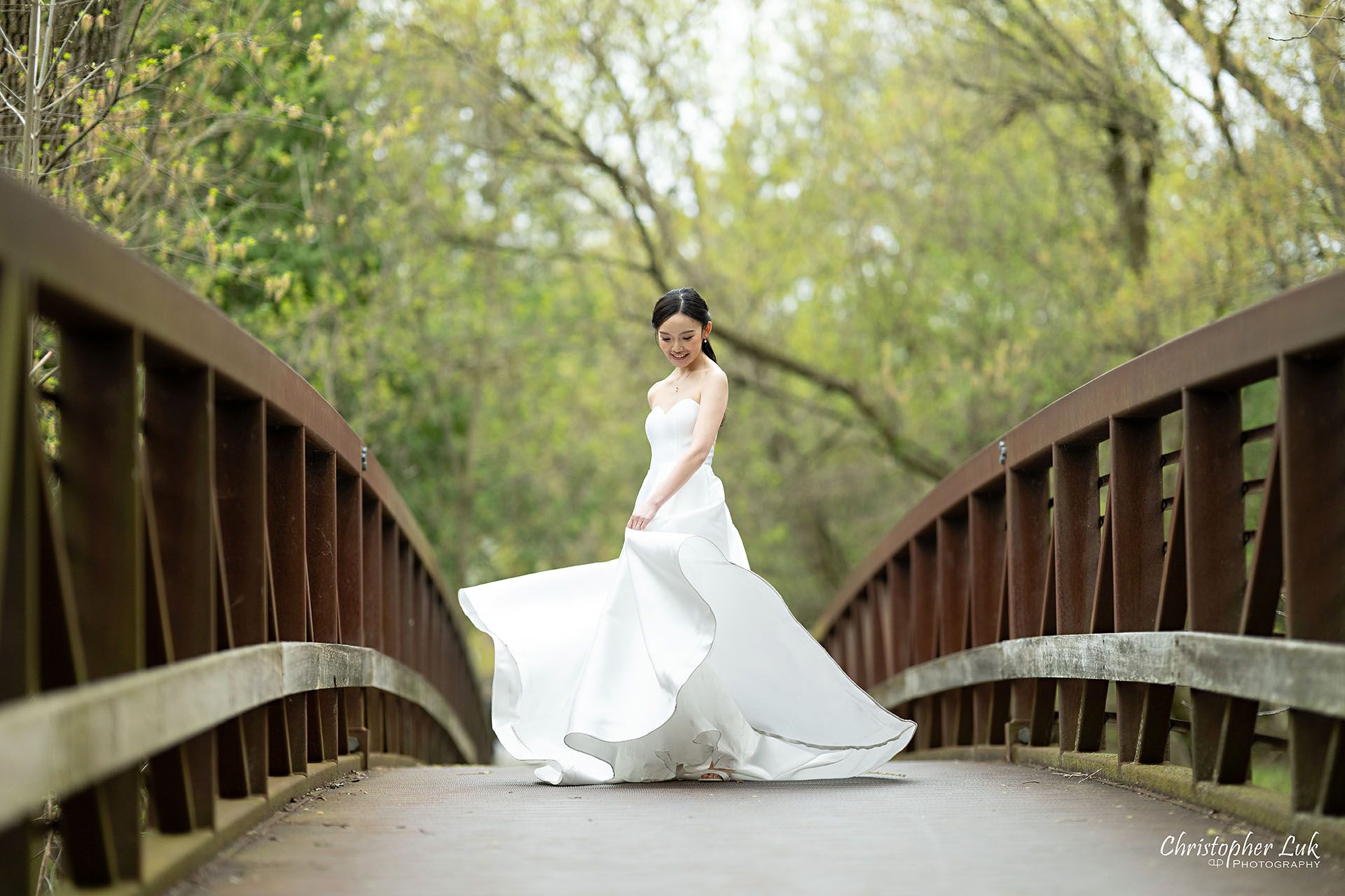 Main Street Unionville Boardwalk Bridge Walking Trail Pathway Markham Wedding Photography Bride Portrait Candid Natural Organic Photojournalistic Bridal Dress Gown