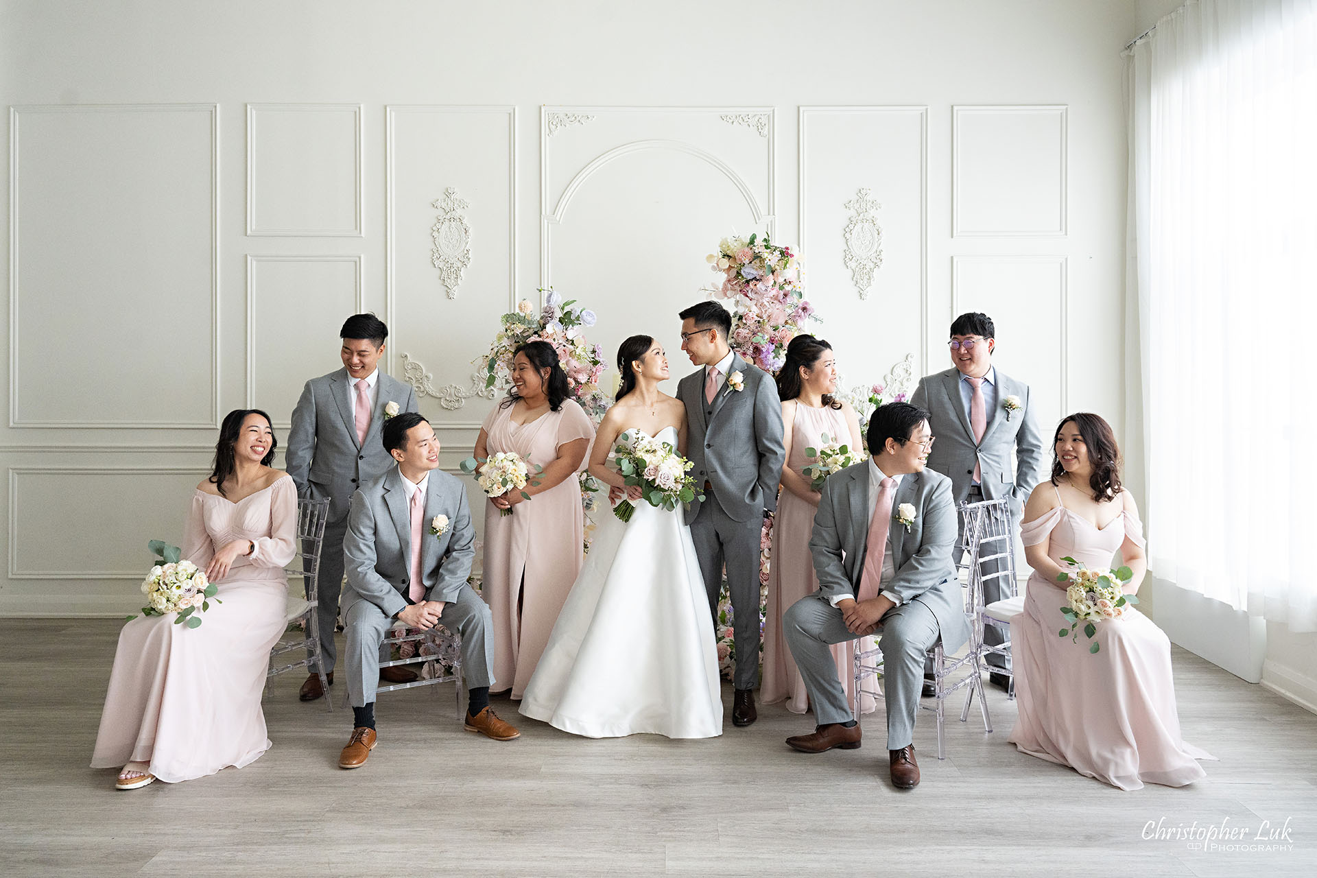 Markham Unionville Toronto Wedding Photographer Bride Groom Bridesmaids Groomsmen Stylized Bridal Party Group Photo Espace Studio Richmond Hill